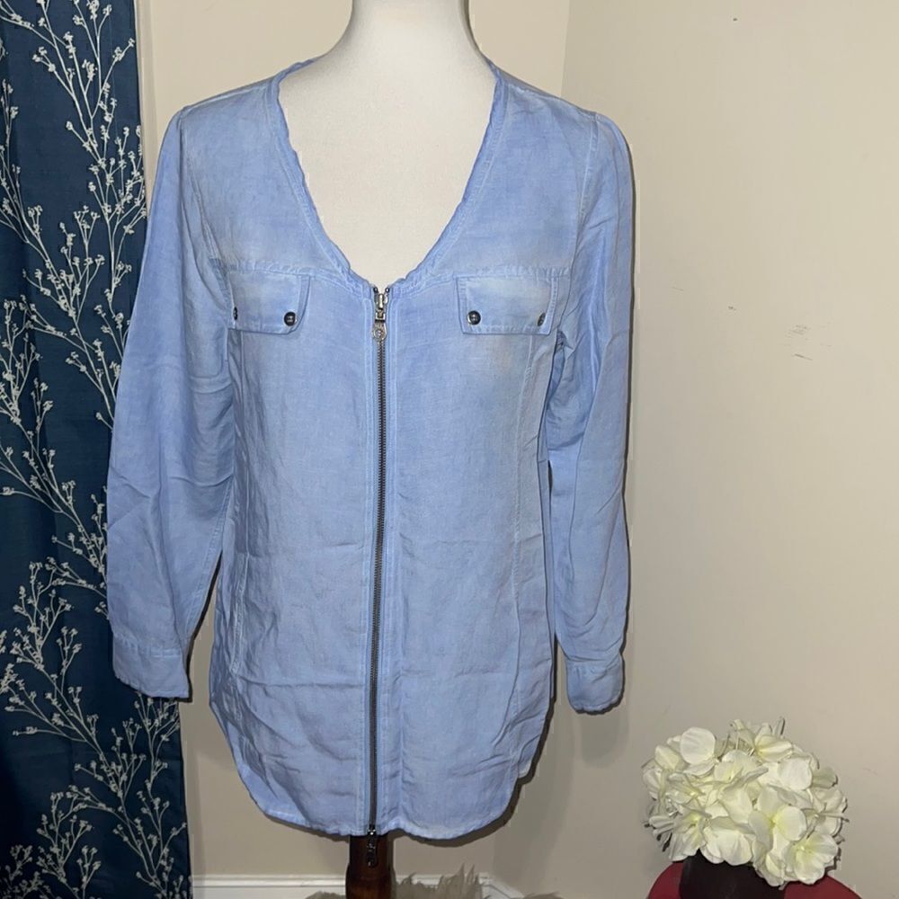 Soft Surroundings Blue Stone Wash Zip Front Blouse long Sleeves Sz PS Petite S